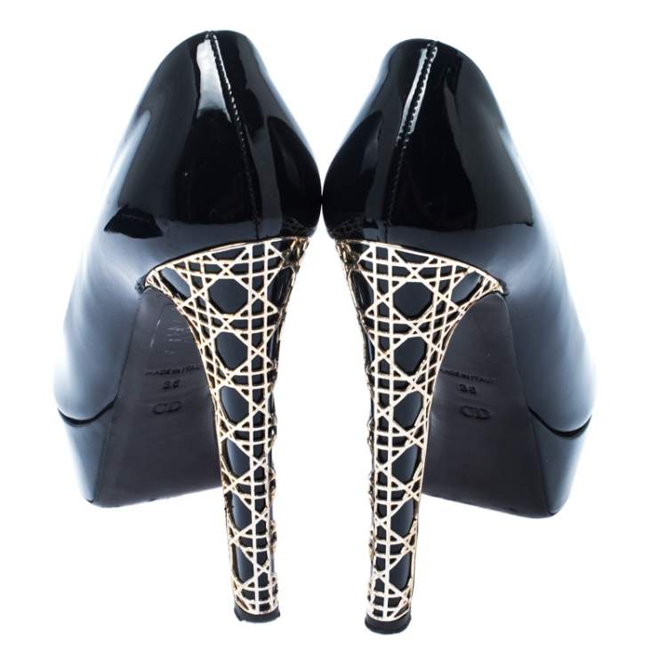 Pre Owned Dior Black Patent Leather Cannage Heel Peep Toe Pumps Size 36
