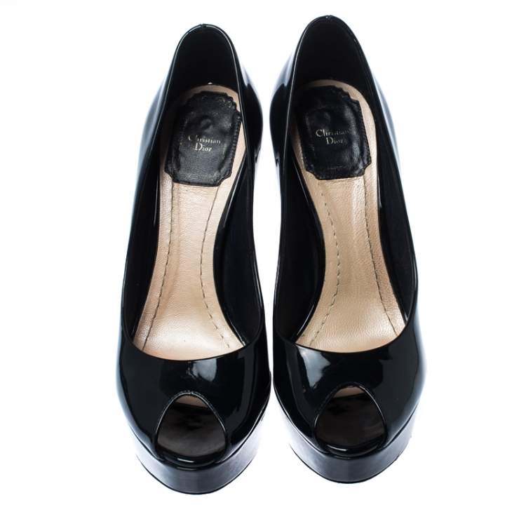 Pre Owned Dior Black Patent Leather Cannage Heel Peep Toe Pumps Size 36