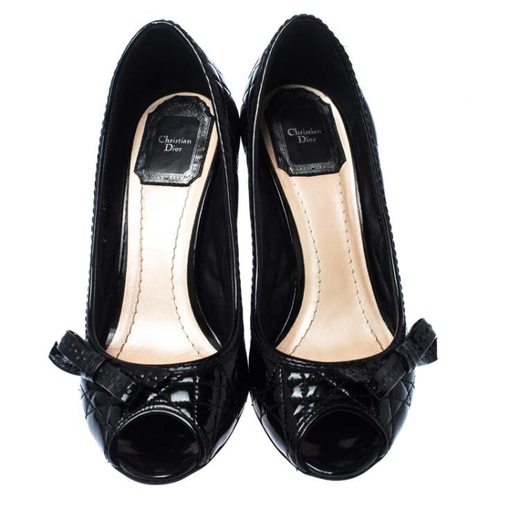 Pre Owned Dior Black Cannage Patent Leather Miss Dior Bow Peep Toe Pumps Size 36