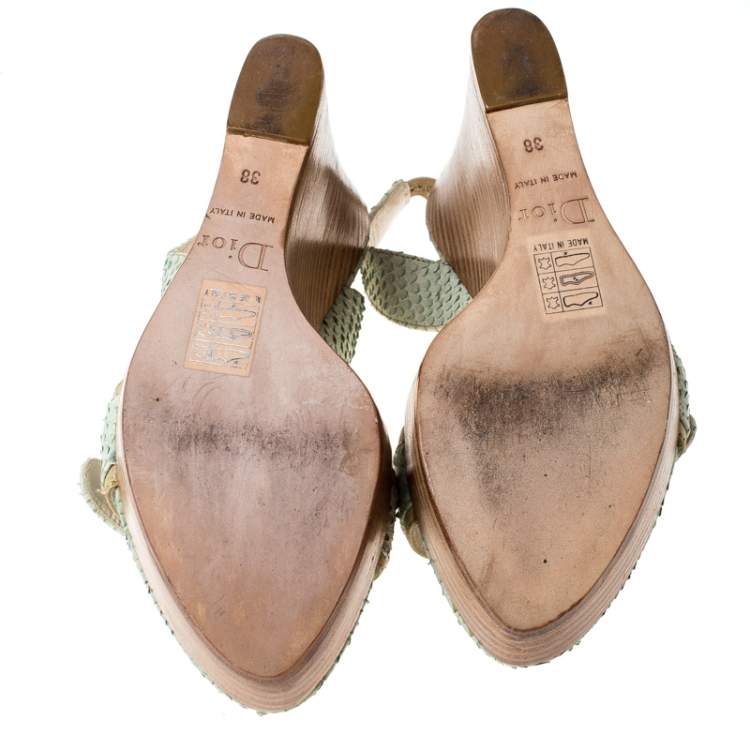 Pre Owned Christian Dior Green Python Slingback Wedge Platform Sandals Size 38