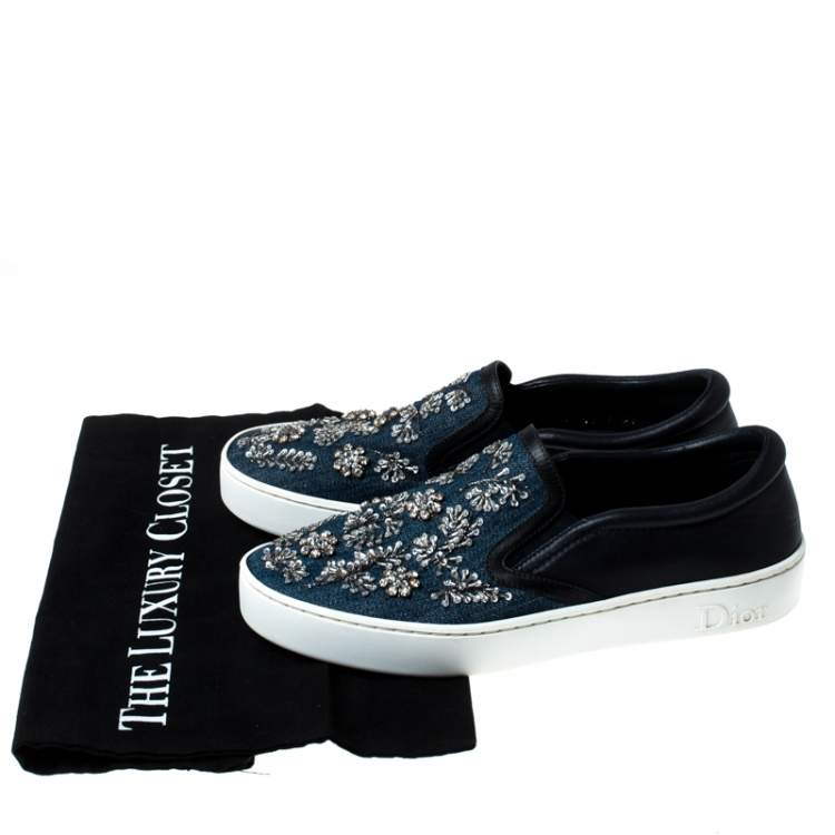 Pre Owned Dior Blue Canvas And Leather Embroidered Slip On Sneakers Size 38
