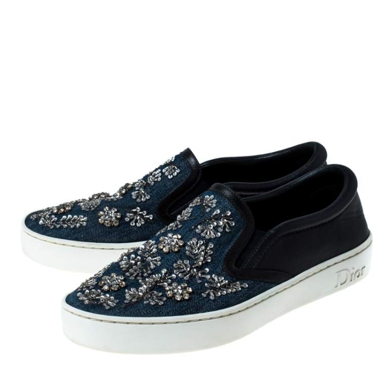 Pre Owned Dior Blue Canvas And Leather Embroidered Slip On Sneakers Size 38