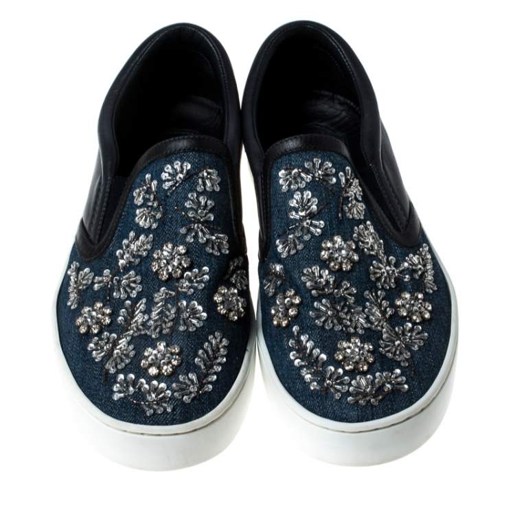 Pre Owned Dior Blue Canvas And Leather Embroidered Slip On Sneakers Size 38