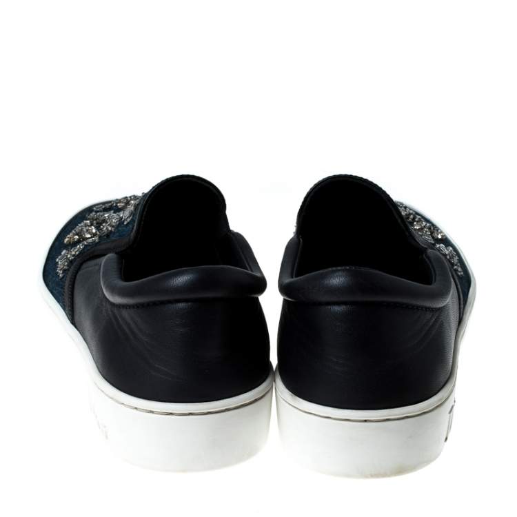 Pre Owned Dior Blue Canvas And Leather Embroidered Slip On Sneakers Size 38