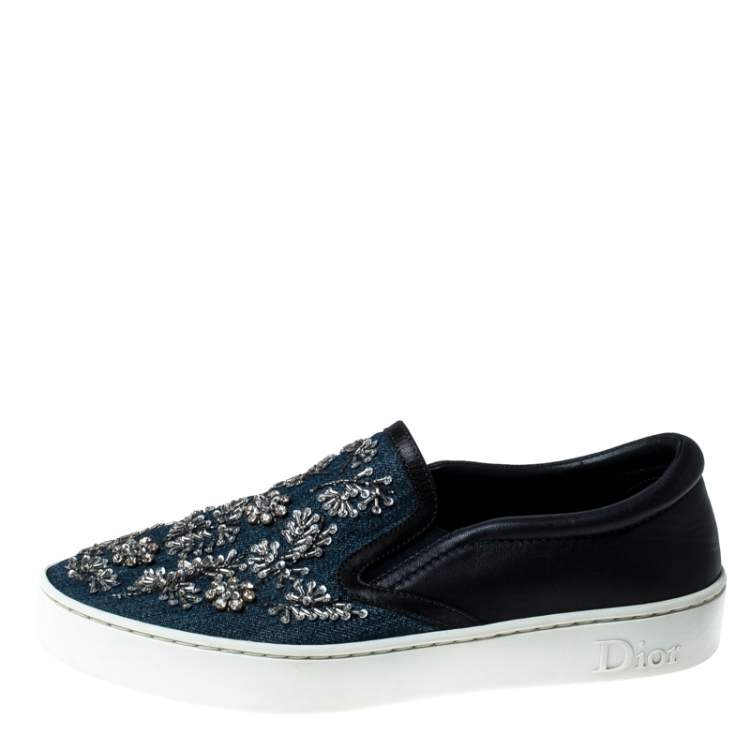 Pre Owned Dior Blue Canvas And Leather Embroidered Slip On Sneakers Size 38