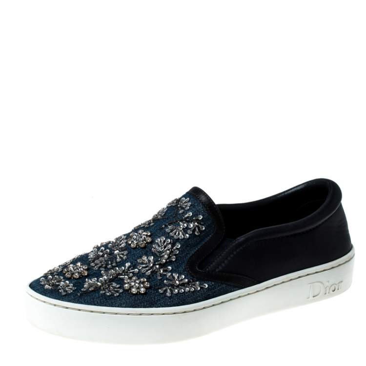 Pre Owned Dior Blue Canvas And Leather Embroidered Slip On Sneakers Size 38