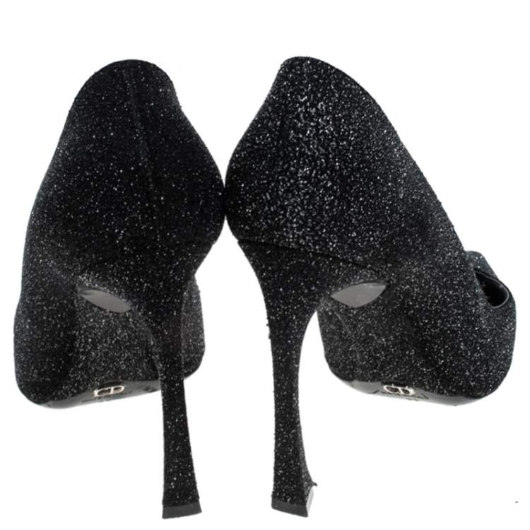 Pre Owned Dior Black Glitter Pointed Toe Curved Heels Pumps Size 39