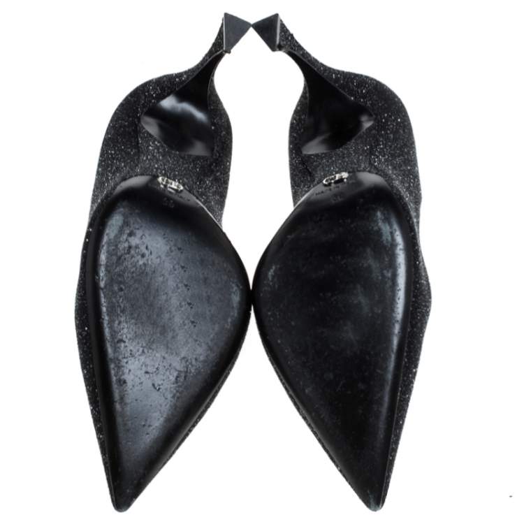 Pre Owned Dior Black Glitter Pointed Toe Curved Heels Pumps Size 39