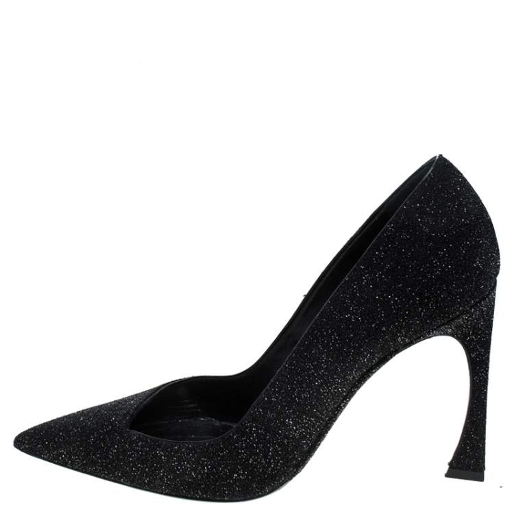 Pre Owned Dior Black Glitter Pointed Toe Curved Heels Pumps Size 39