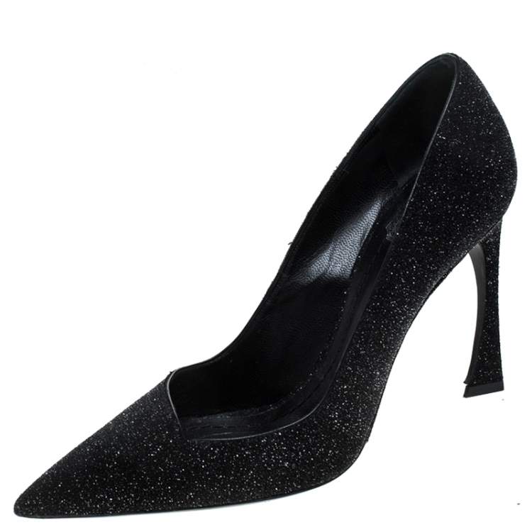 Pre Owned Dior Black Glitter Pointed Toe Curved Heels Pumps Size 39