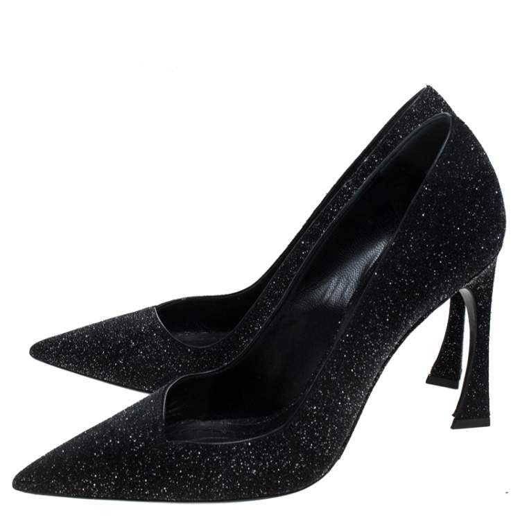 Pre Owned Dior Black Glitter Pointed Toe Curved Heels Pumps Size 39