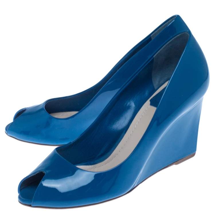 Pre Owned Christian Dior Blue Patent Leather Peep Toe Wedge Pumps Size 38