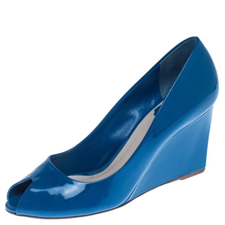 Pre Owned Christian Dior Blue Patent Leather Peep Toe Wedge Pumps Size 38