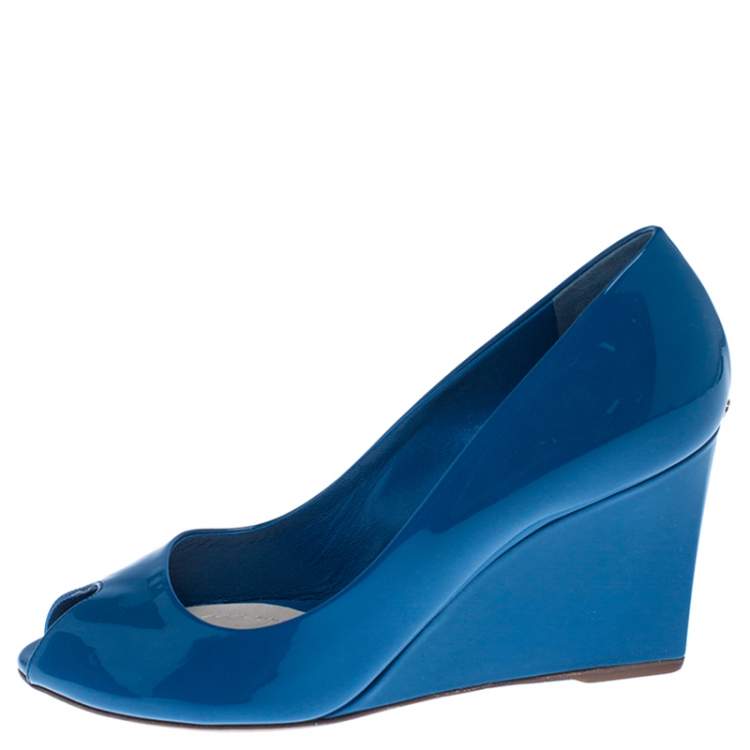 Pre Owned Christian Dior Blue Patent Leather Peep Toe Wedge Pumps Size 38