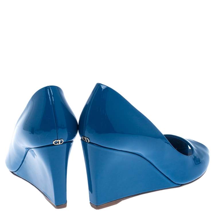 Pre Owned Christian Dior Blue Patent Leather Peep Toe Wedge Pumps Size 38