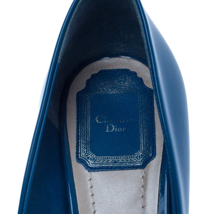 Pre Owned Christian Dior Blue Patent Leather Peep Toe Wedge Pumps Size 38