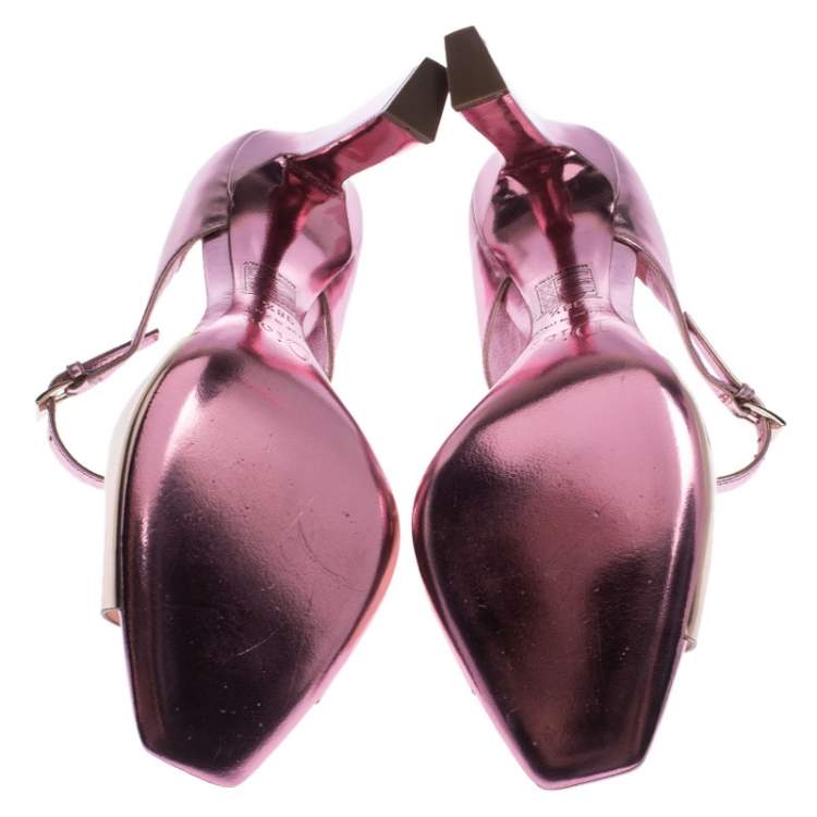 مملوكة مسبقًا Dior Pink Metallic Patent Leather Open Toe Ankle Strap Sandals Size 38.5