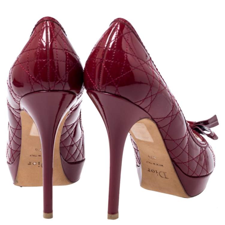 Pre Owned Dior Red Patent Leather Cannage Quilt Peep Toe Pumps Size 39.5