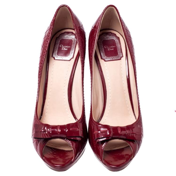 Pre Owned Dior Red Patent Leather Cannage Quilt Peep Toe Pumps Size 39.5