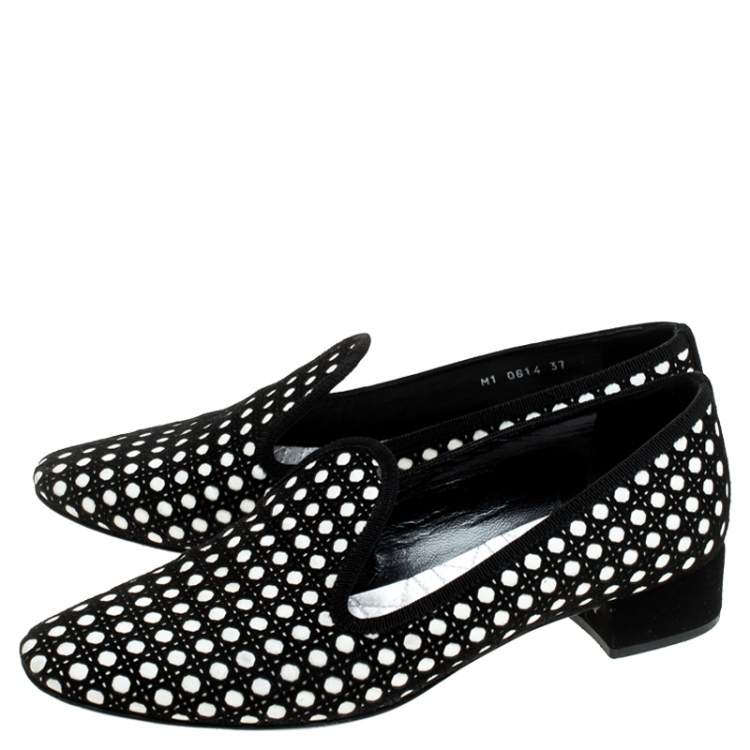 Pre Owned Dior Black/White Suede and Leather Cut Out Detail Smoking Flats Size 37