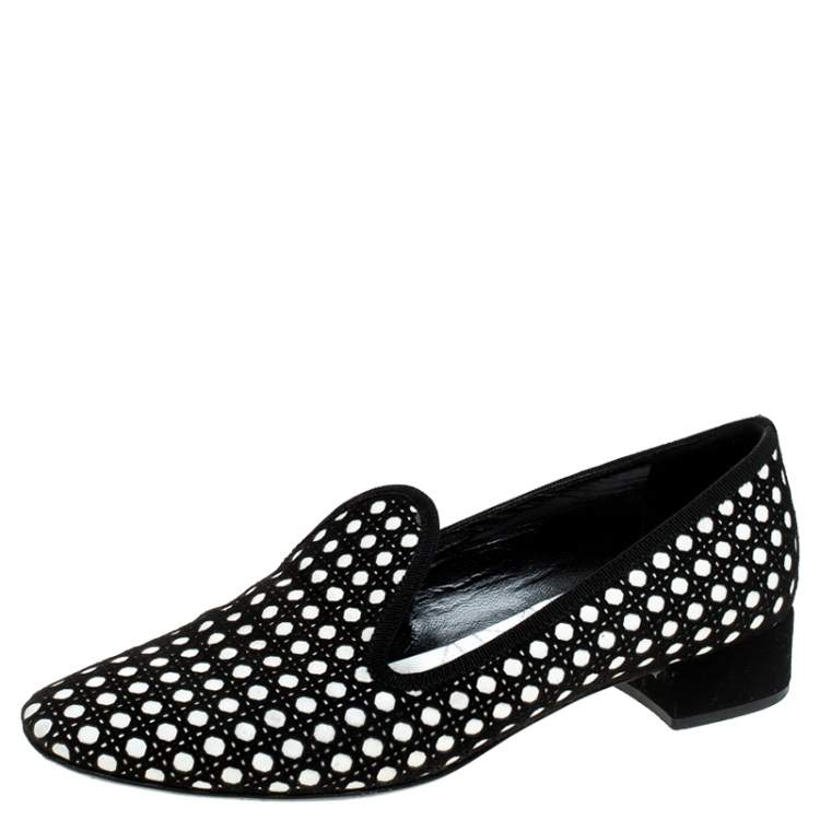 Pre Owned Dior Black/White Suede and Leather Cut Out Detail Smoking Flats Size 37