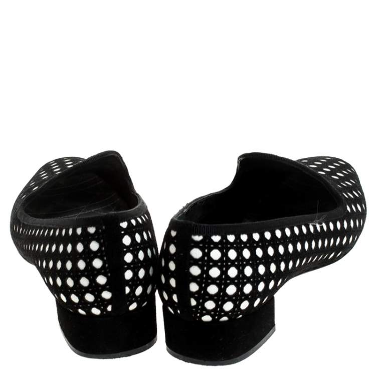 Pre Owned Dior Black/White Suede and Leather Cut Out Detail Smoking Flats Size 37