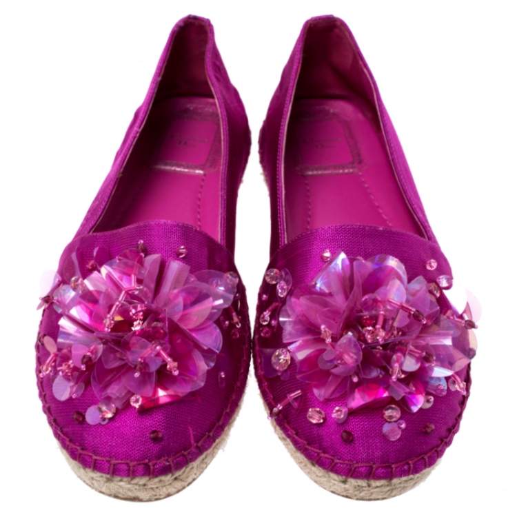 Pre Owned Dior Pink Canvas Embellished Espadrilles Loafers Size 36