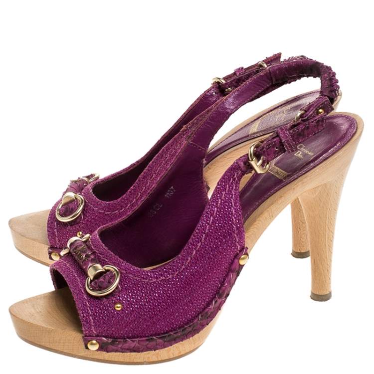 Pre Owned Dior Purple Canvas And Python Trim Slingback Sandals Size 38