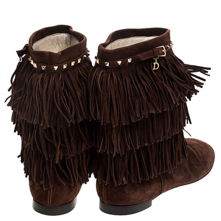 Pre Owned Dior Brown Suede Fringe Studded Trim Ankle Length Booties Size 37