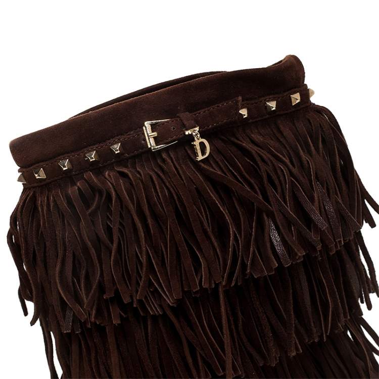 Pre Owned Dior Brown Suede Fringe Studded Trim Ankle Length Booties Size 37