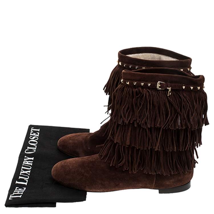 Pre Owned Dior Brown Suede Fringe Studded Trim Ankle Length Booties Size 37
