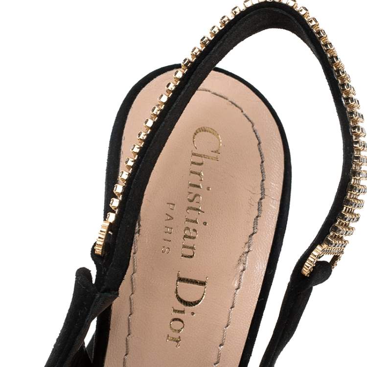 Pre Owned Dior Black Suede Crystal Embellished Slingback Sandals Size 37