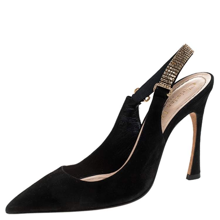 Pre Owned Dior Black Suede Crystal Embellished Slingback Sandals Size 37