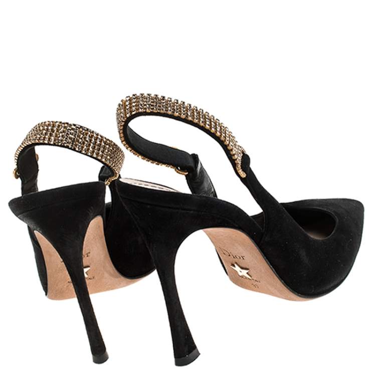 Pre Owned Dior Black Suede Crystal Embellished Slingback Sandals Size 37