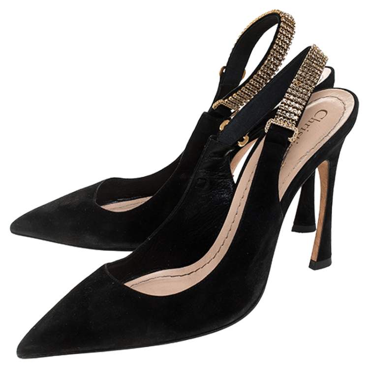 Pre Owned Dior Black Suede Crystal Embellished Slingback Sandals Size 37