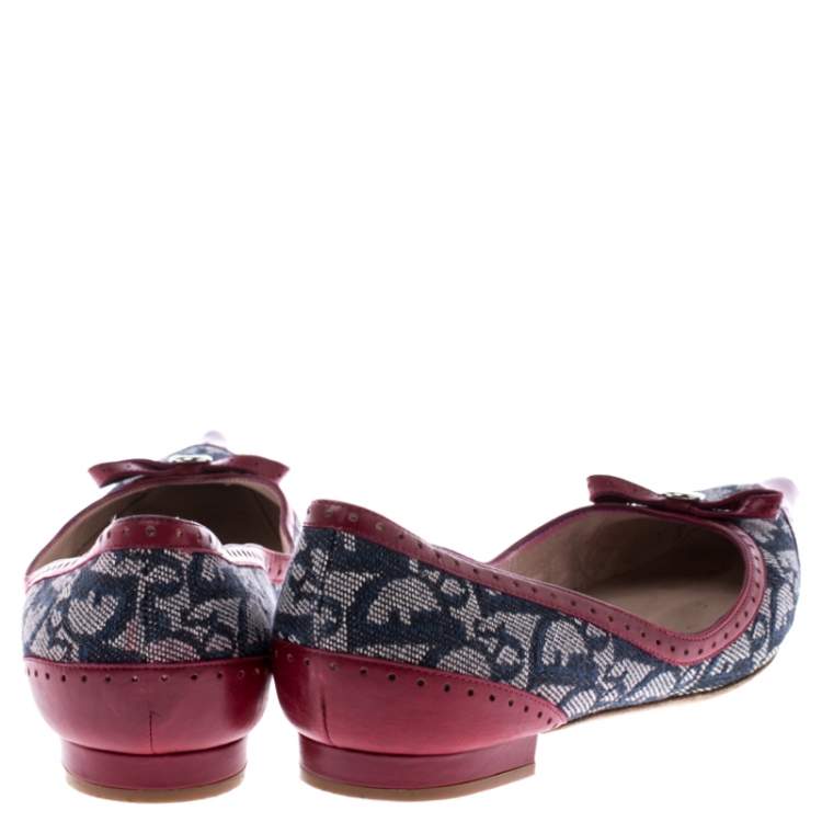 Pre Owned Dior Grey/Burgundy Canvas and Leather Pointed Toe Ballet Flats Size 39