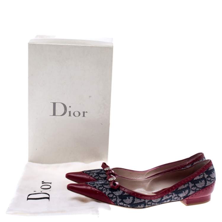 Pre Owned Dior Grey/Burgundy Canvas and Leather Pointed Toe Ballet Flats Size 39