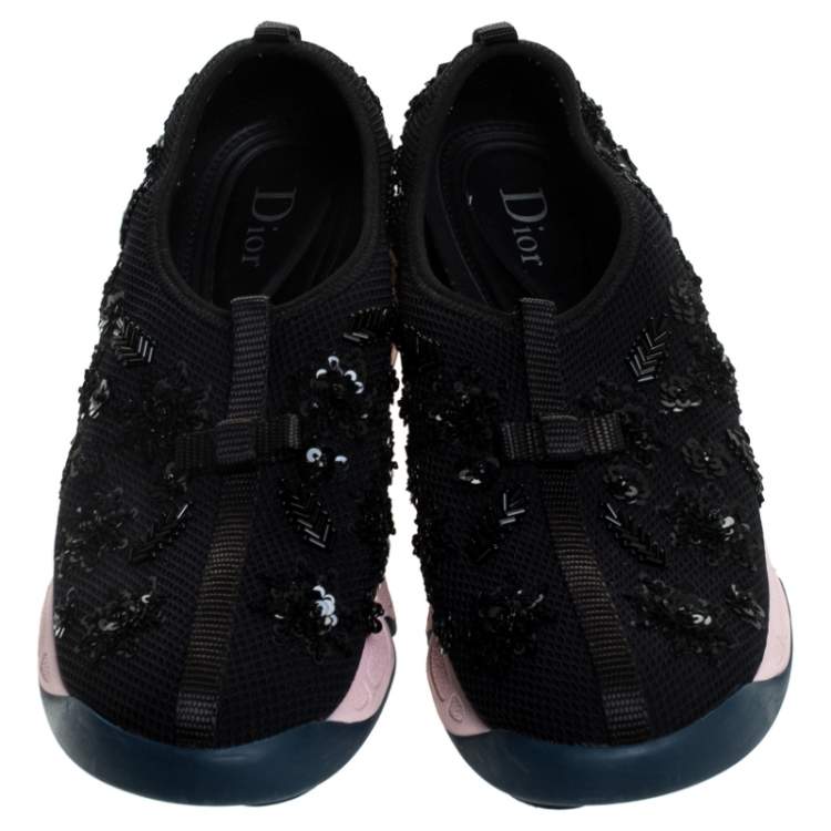 Pre Owned Dior Black Sequins Embellished Mesh Fusion Slip On Sneakers Size 37