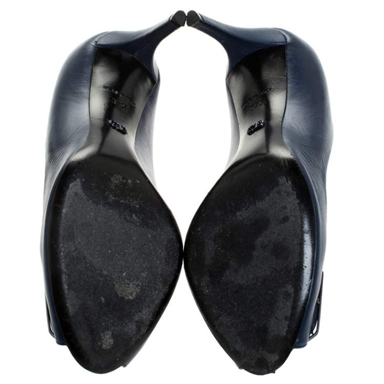 Pre Owned Dior Blue Leather Cannage Metal Bow Peep Toe Pumps Size 37.5