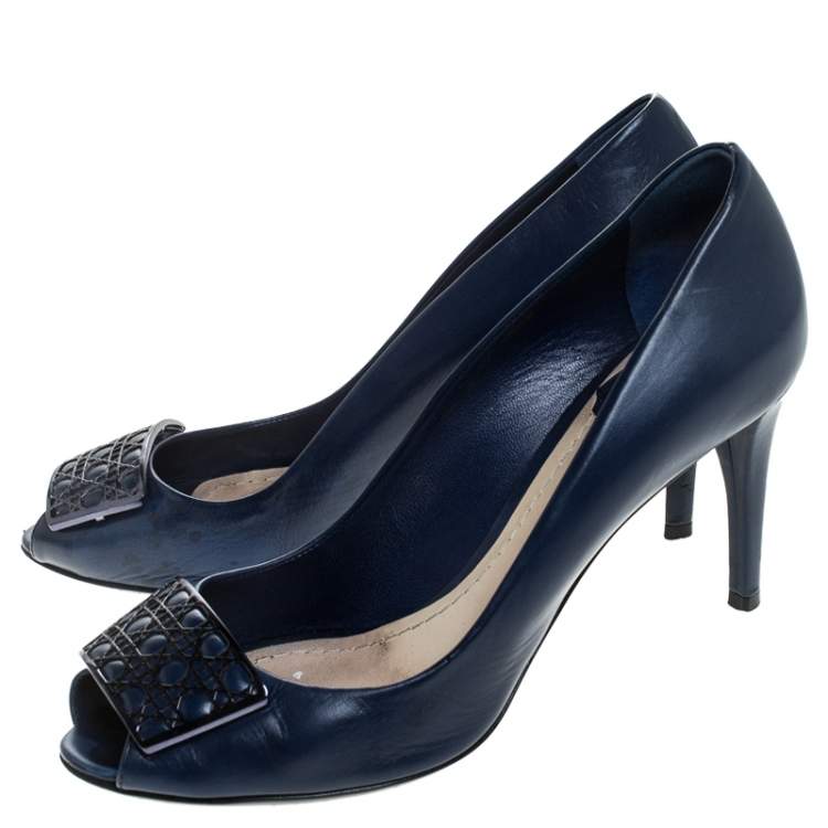 Pre Owned Dior Blue Leather Cannage Metal Bow Peep Toe Pumps Size 37.5