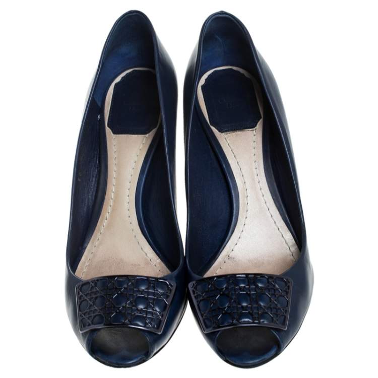 Pre Owned Dior Blue Leather Cannage Metal Bow Peep Toe Pumps Size 37.5