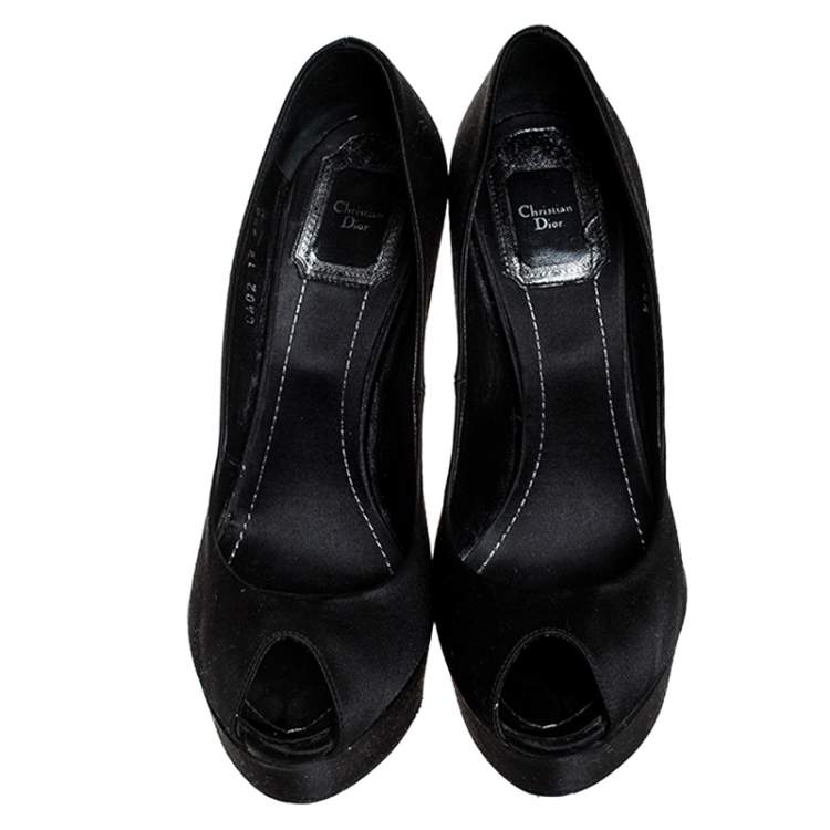 Pre Owned Dior Black Satin Cannage Heel Peep Toe Platform Pumps Size 36.5