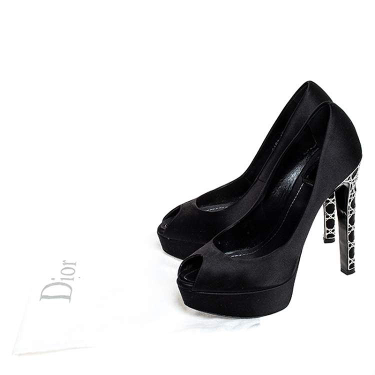 Pre Owned Dior Black Satin Cannage Heel Peep Toe Platform Pumps Size 36.5