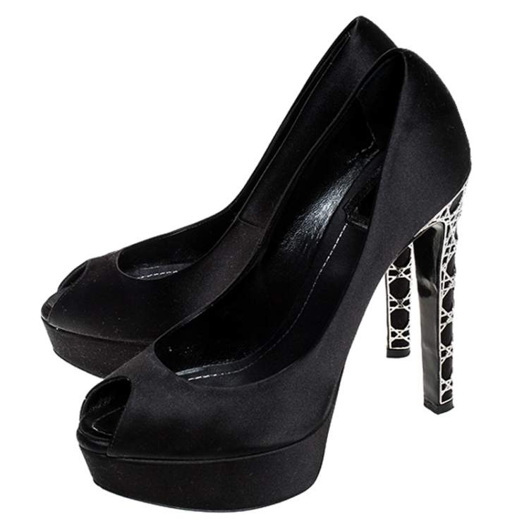 Pre Owned Dior Black Satin Cannage Heel Peep Toe Platform Pumps Size 36.5