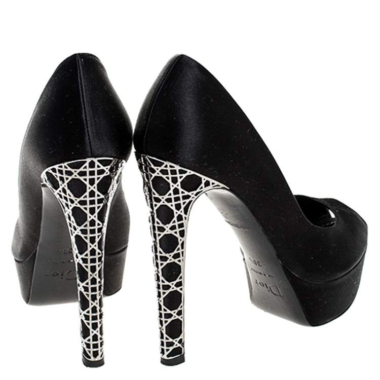 Pre Owned Dior Black Satin Cannage Heel Peep Toe Platform Pumps Size 36.5