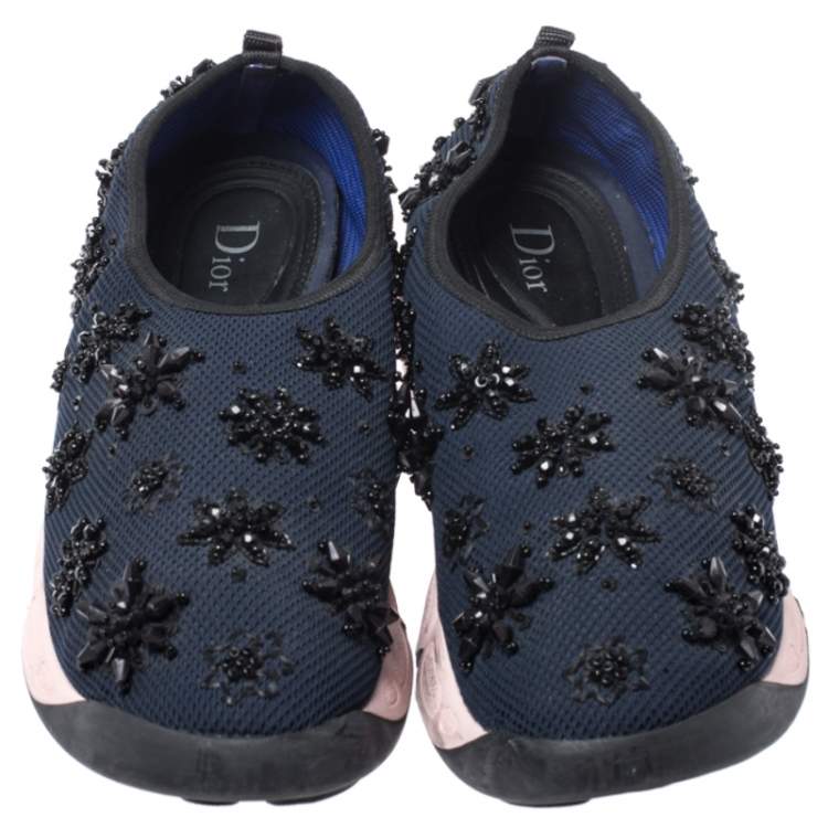 Pre Owned Dior Navy Blue/Pink  Floral Embellished Mesh Fusion Slip On Sneakers Size 40