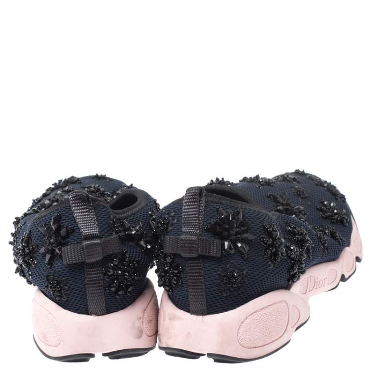 Pre Owned Dior Navy Blue/Pink  Floral Embellished Mesh Fusion Slip On Sneakers Size 40