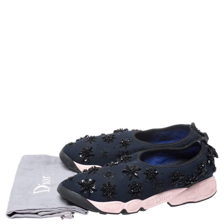 Pre Owned Dior Navy Blue/Pink  Floral Embellished Mesh Fusion Slip On Sneakers Size 40