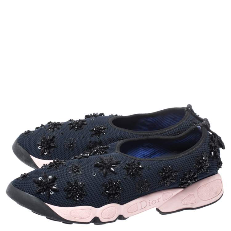 Pre Owned Dior Navy Blue/Pink  Floral Embellished Mesh Fusion Slip On Sneakers Size 40