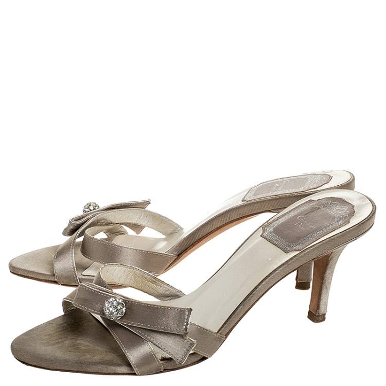Pre Owned Christian Dior Grey Satin Crystal Ball Embellished Bow Detail Slip On Mules Size 36